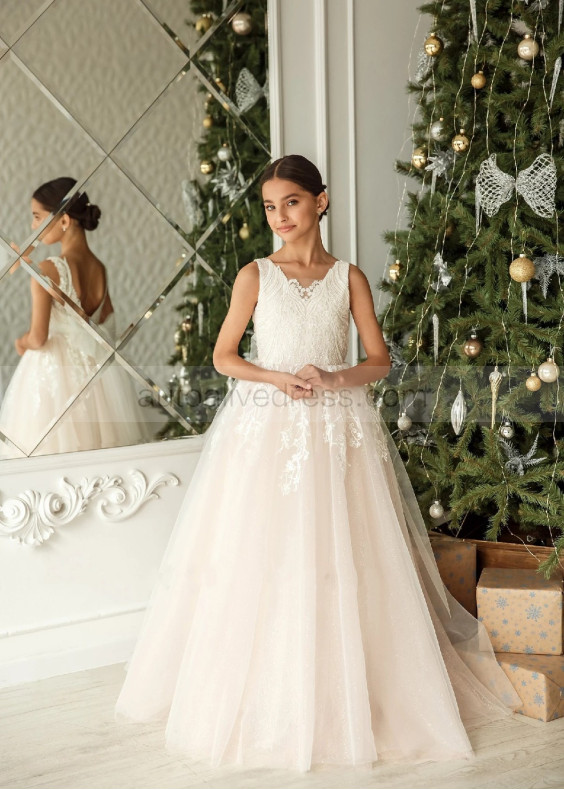 Ivory Lace Pink Glitter Tulle Wedding Flower Girl Dress Ivory Lace Pink Glitter Tulle Wedding Flower Girl Dress